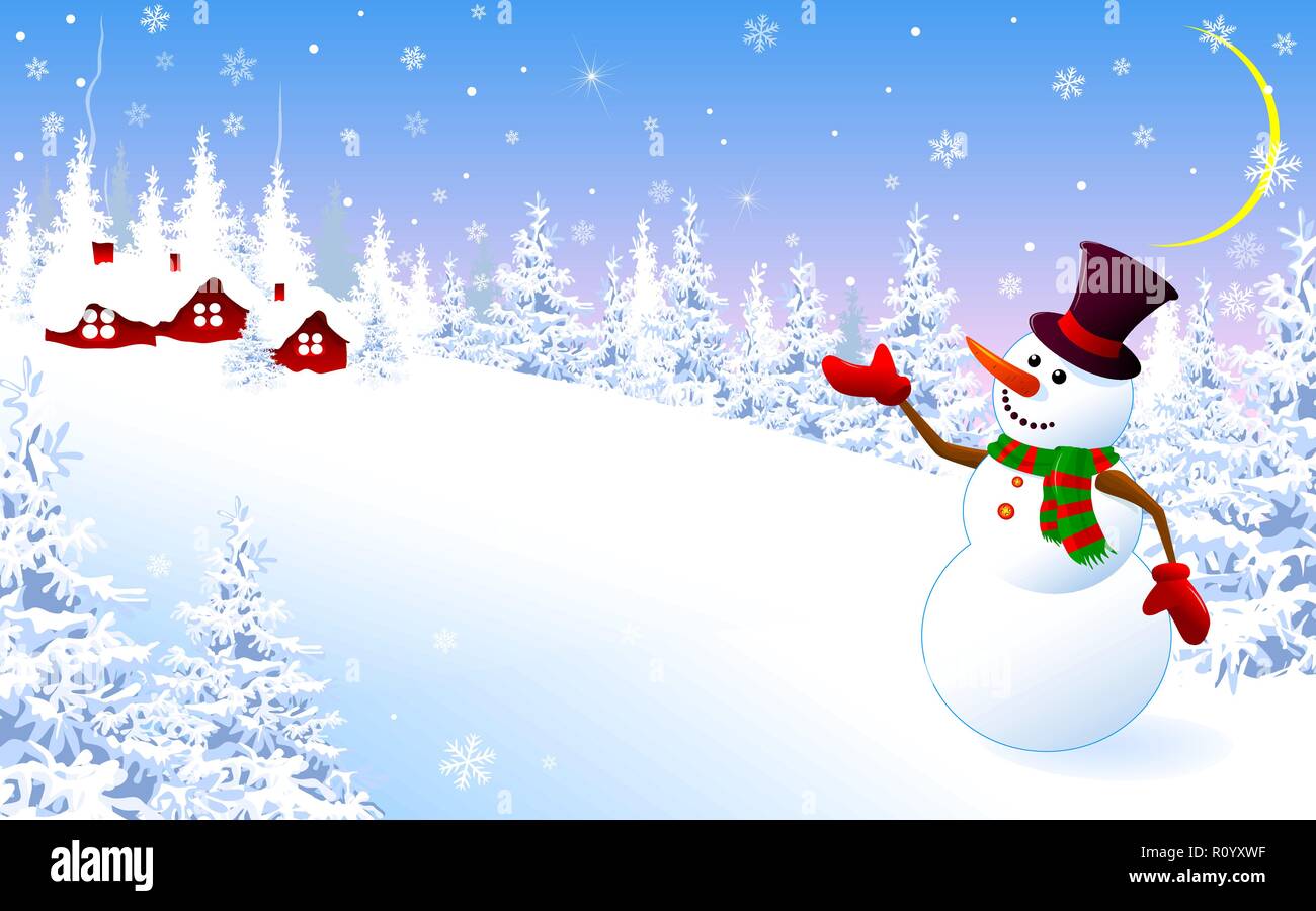 Un pupazzo di neve in una hat accoglie favorevolmente su un sfondo d'inverno. Pupazzo di neve sullo sfondo del villaggio, paesaggio invernale. Illustrazione Vettoriale