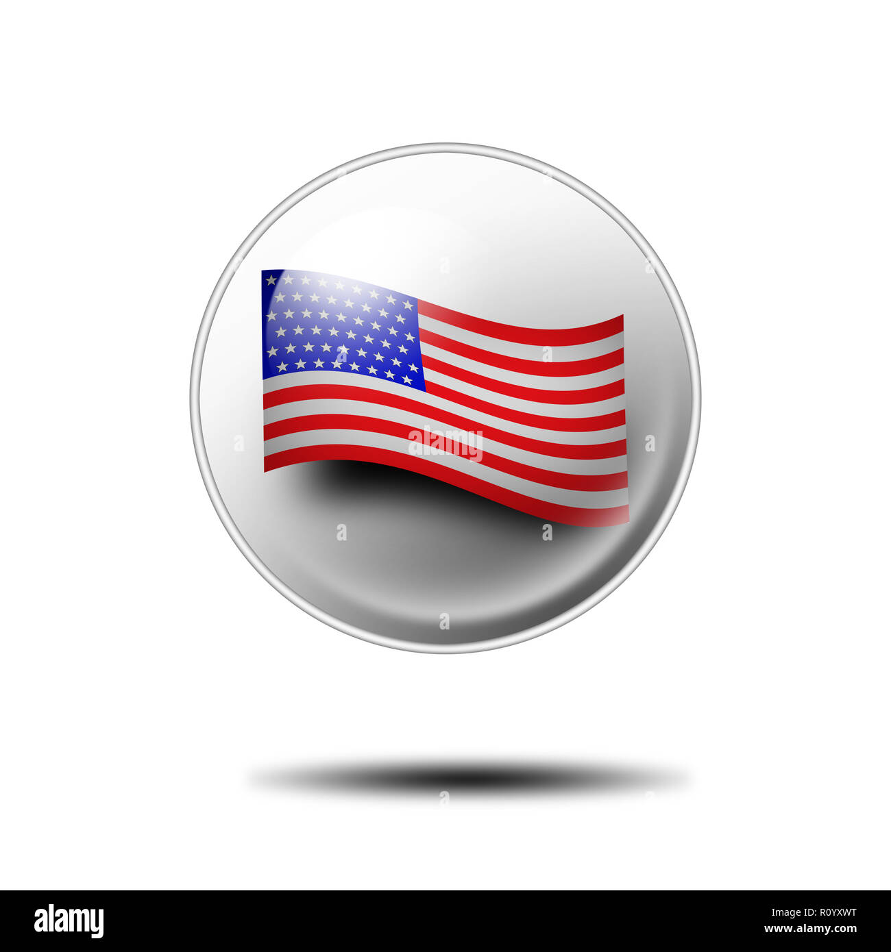 Bandiera circolare il pin con la bandiera americana contro uno sfondo bianco, close up Foto Stock