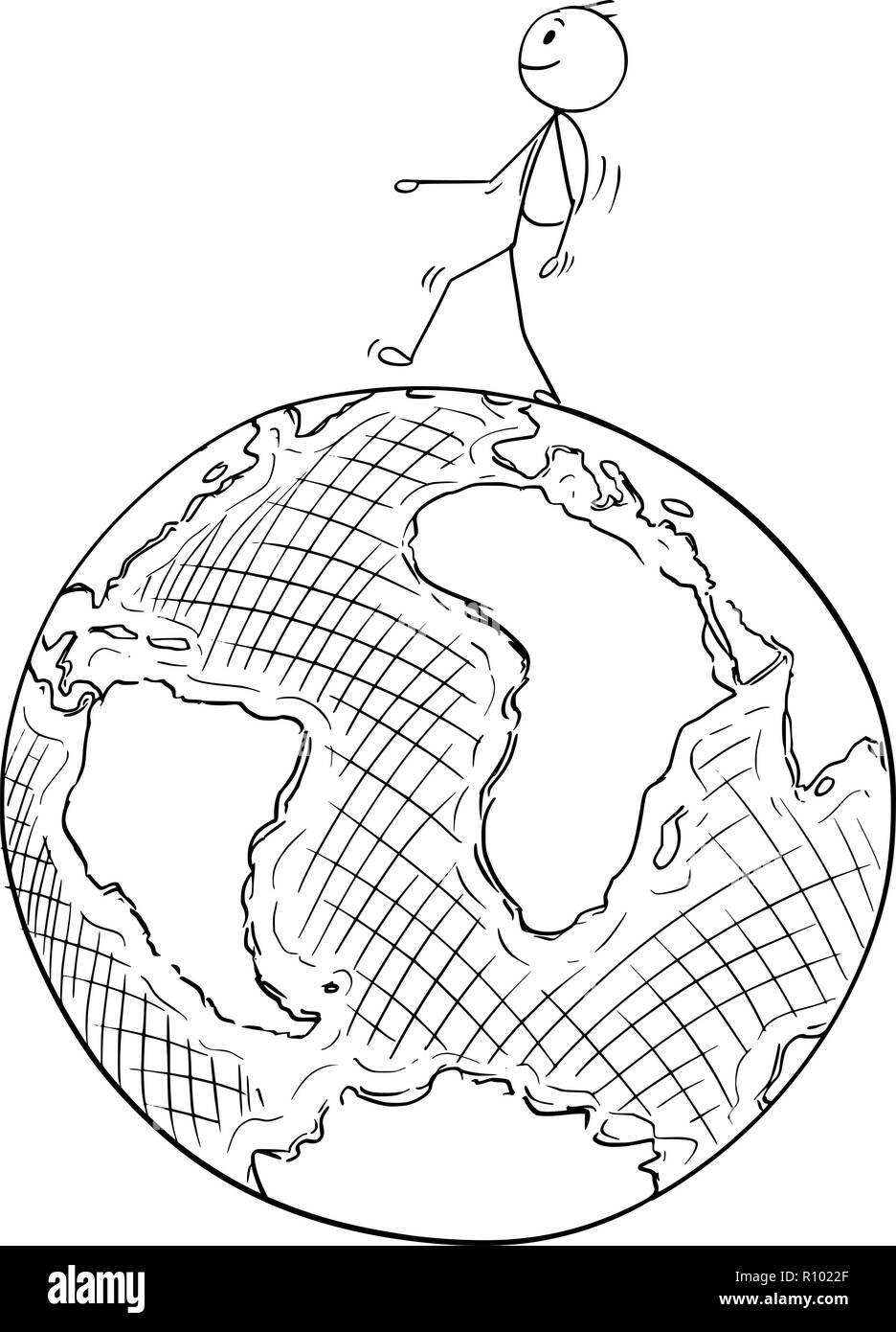 Cartoon di viaggiatore a piedi sul globo terrestre Illustrazione Vettoriale