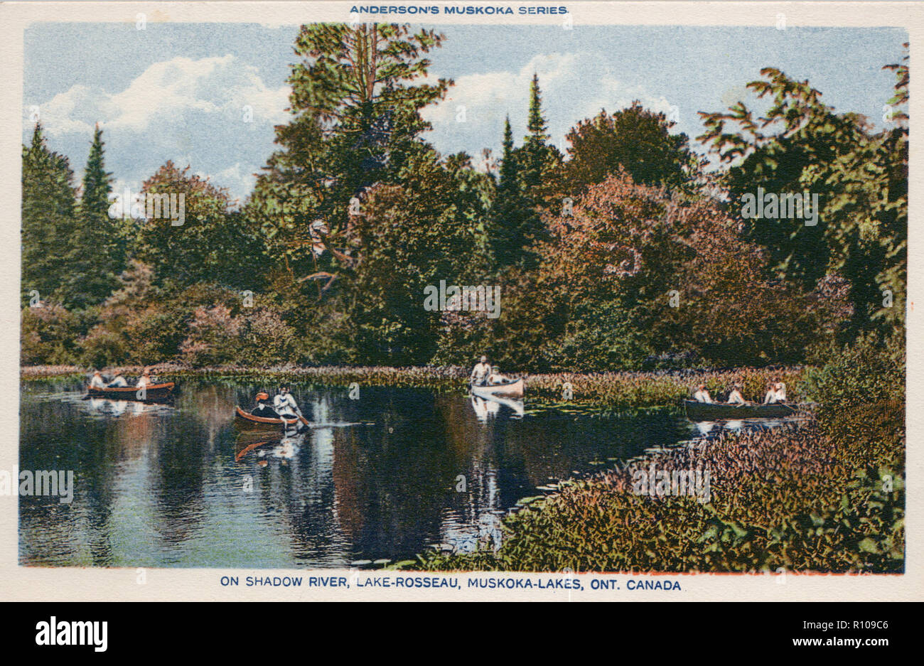 Ombra sul fiume, lago Rosseau, Muskoka, Ontario, cartolina vintage Foto Stock