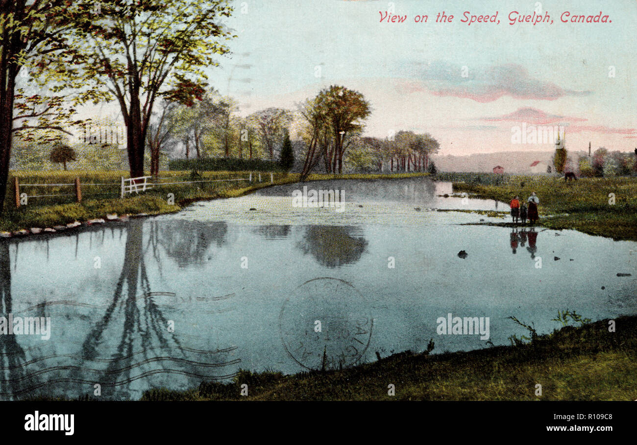 Vista sul Fiume di velocità, Guelph Ontario, antichi cartolina, 1911 Foto Stock