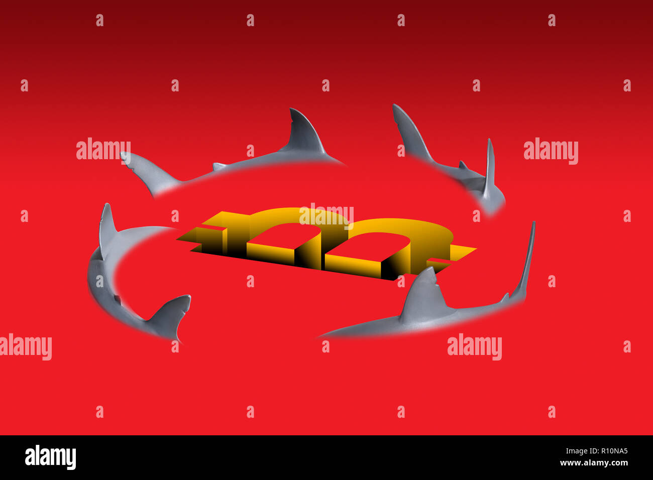 Immagine di squali che circonda un simbolico segno di valuta, sfondo rosso Foto Stock