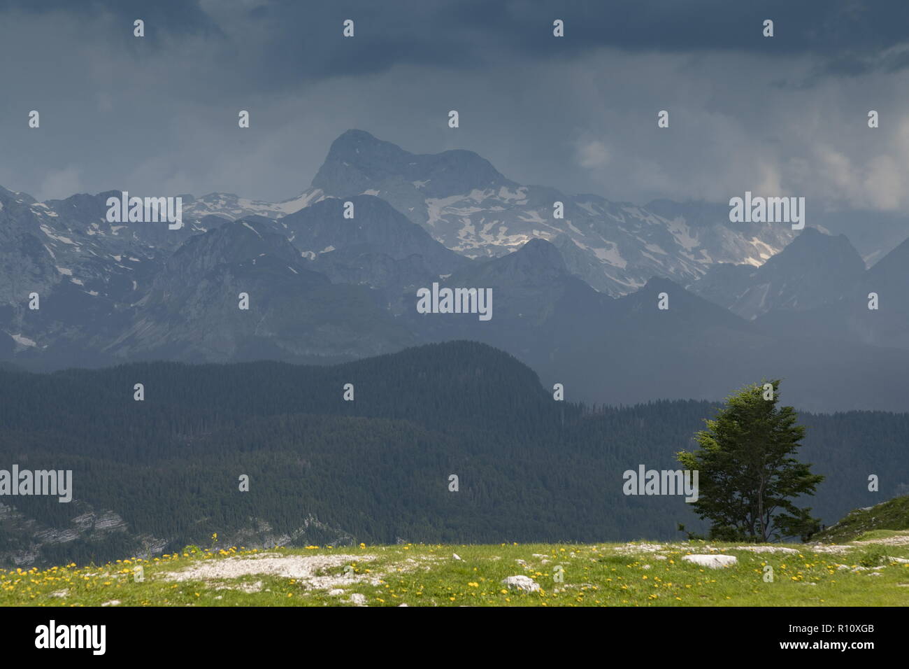 Le Alpi Giulie guardando verso il monte Triglav dal Vogel su un giorno di tempesta. La Slovenia. Foto Stock