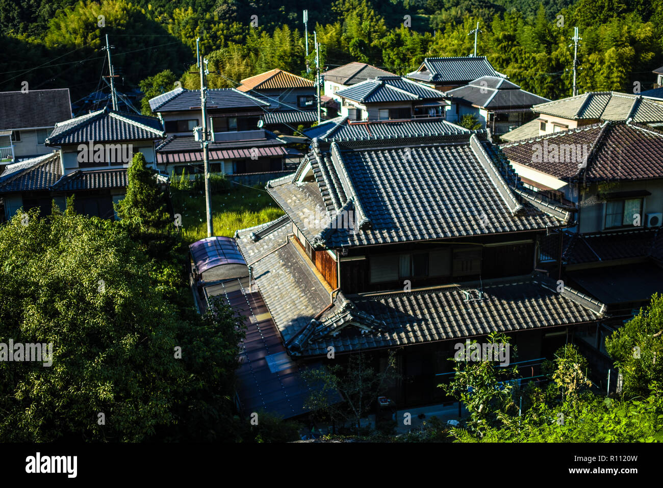 Vista dei tradizionali tetti giapponese dal treno Foto Stock