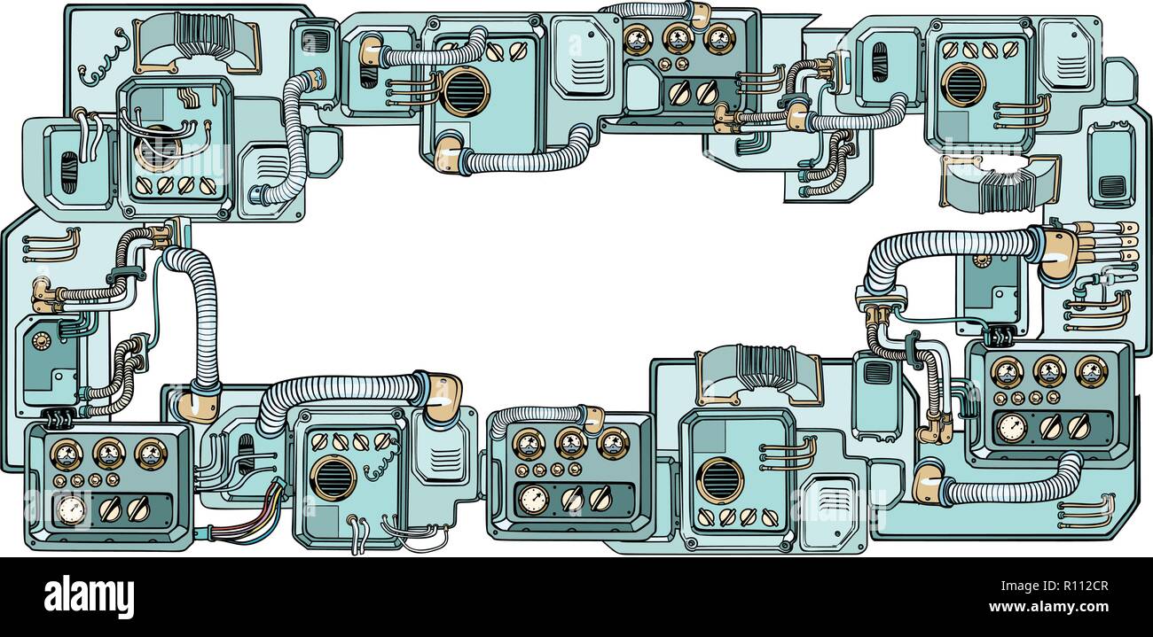 Cyberpunk meccanismi di robot e macchine. Dettagli del spacecr Illustrazione Vettoriale