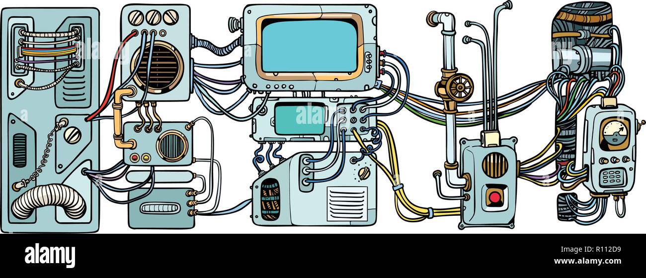 Cyberpunk meccanismi di robot e macchine. Dettagli del spacecr Illustrazione Vettoriale