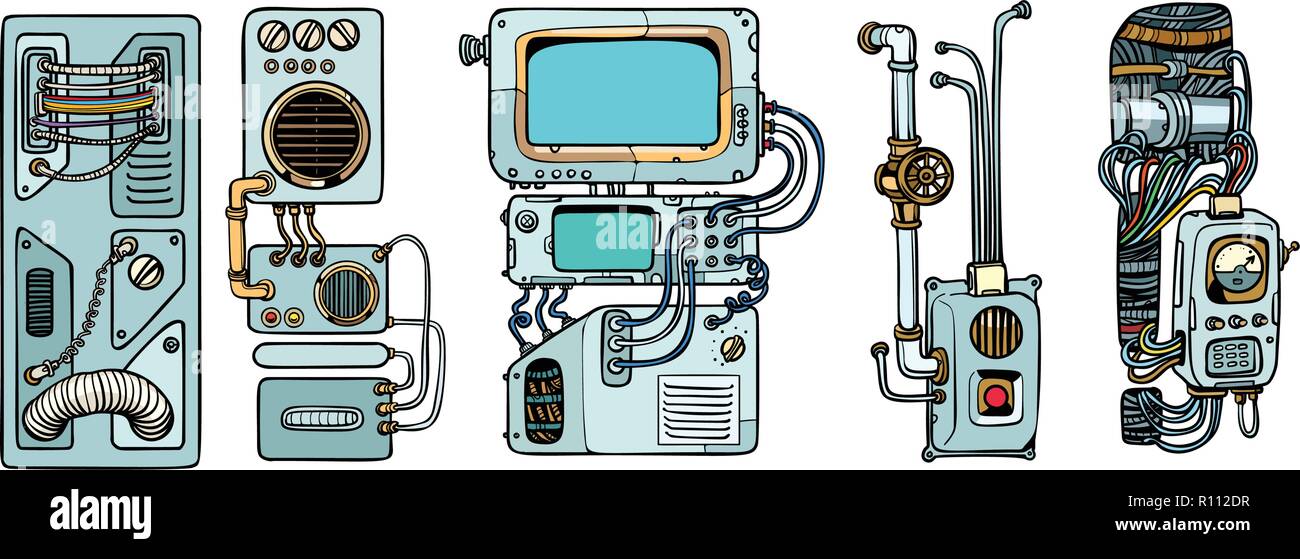 Cyberpunk meccanismi di robot e macchine. Dettagli del spacecr Illustrazione Vettoriale