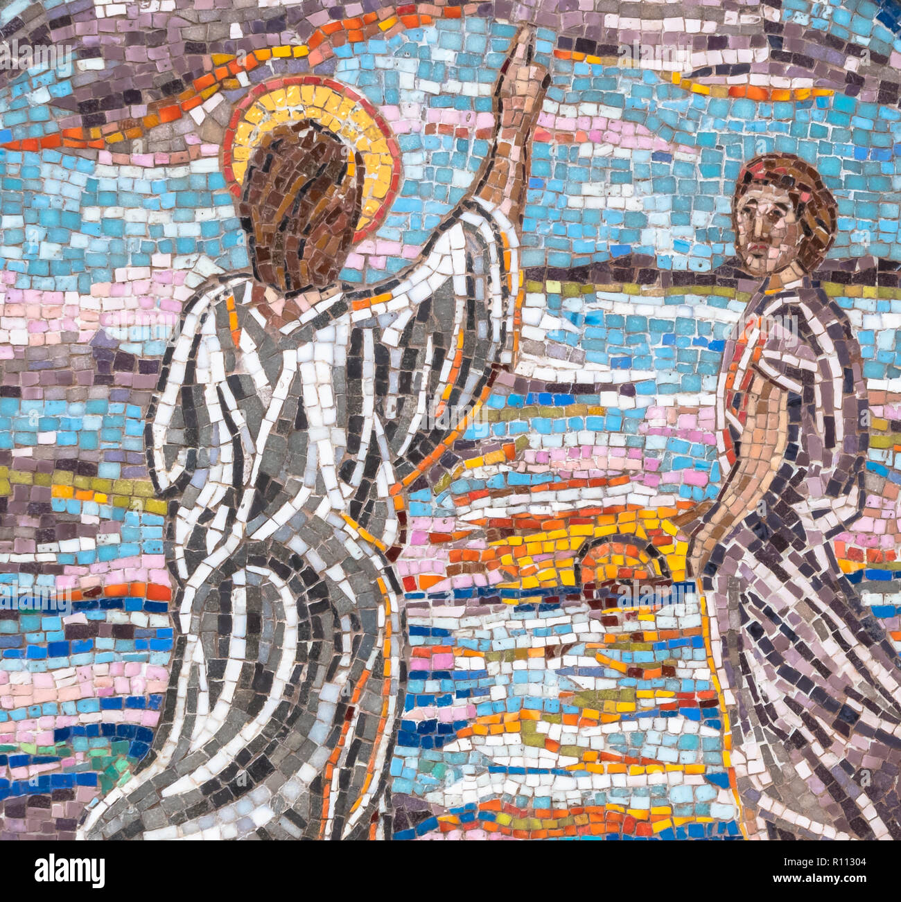 Mosaico di Gesù Cristo che indica la strada giusta da seguire. Ideale per i concetti, festa e gli sfondi. Foto Stock