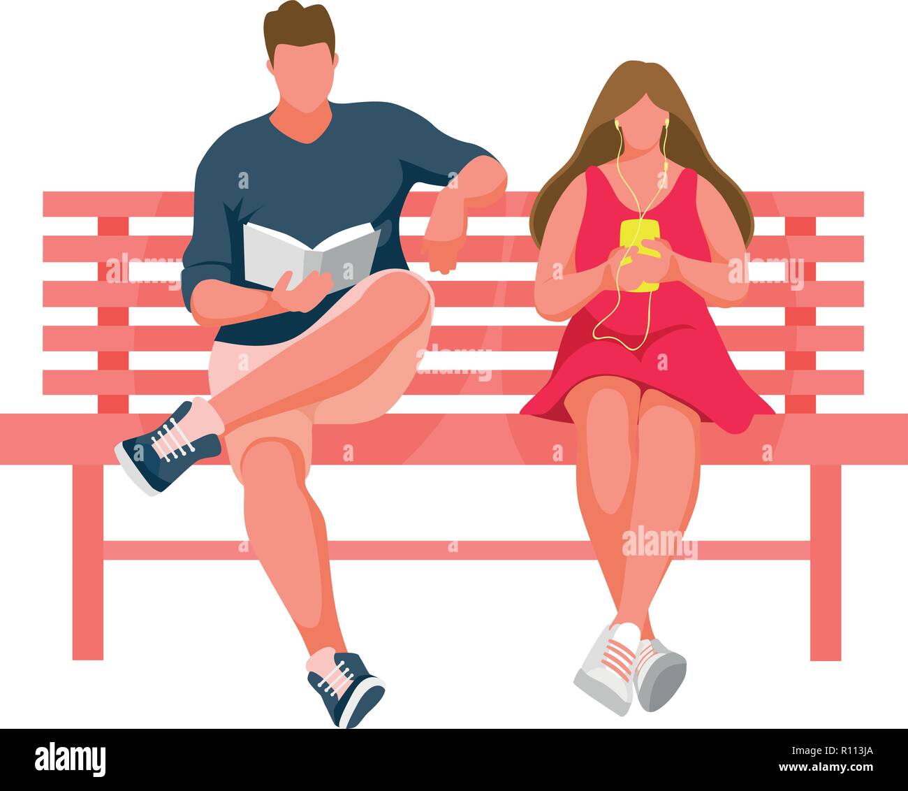L uomo e la ragazza seduta su una panchina. L'uomo la lettura del libro. Donna ascoltando musica. Illustrazione Vettoriale Illustrazione Vettoriale