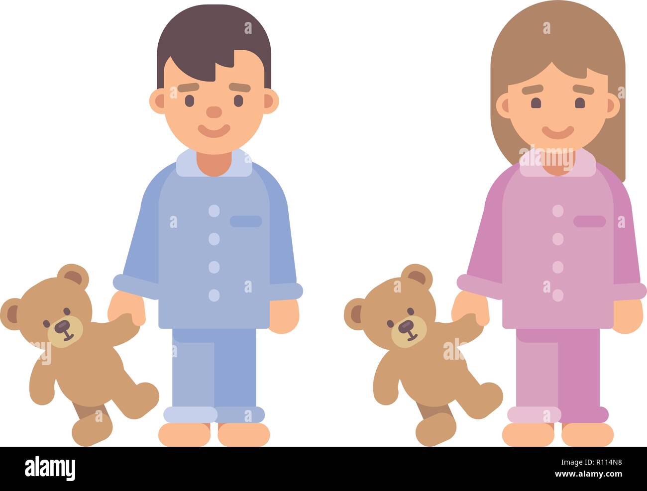 Due graziosi bambini piccoli in pigiama holding orsetti di peluche. Un ragazzo e una ragazza illustrazione piatta Illustrazione Vettoriale