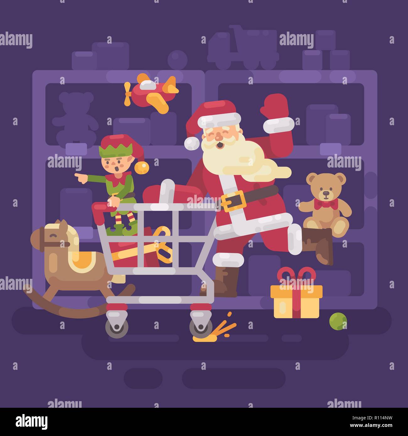 Babbo Natale a cavallo di un carrello della spesa con il suo elf in un giocattolo supermercato. Natale illustrazione piatta Foto Stock