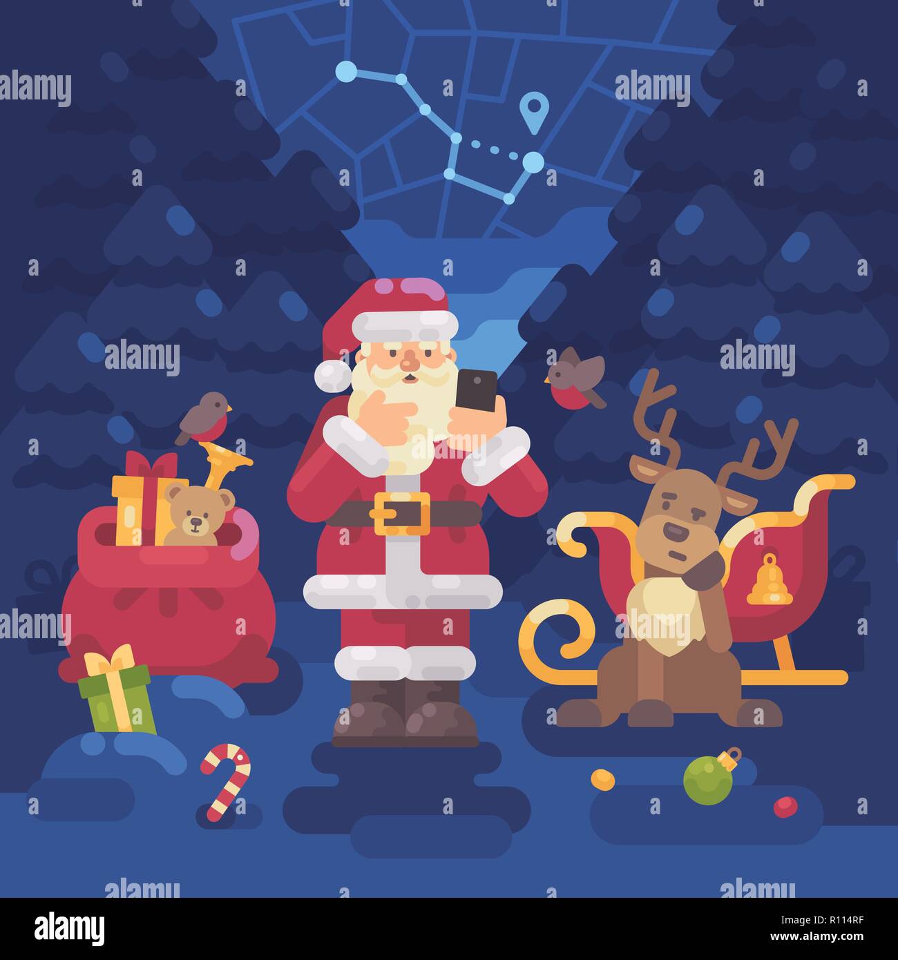 Babbo Natale e la sua renna perso la strada nella foresta e Santa sta  cercando di trovare la loro posizione con il GPS sul suo smartphone. Piatto  di Natale illust Immagine e