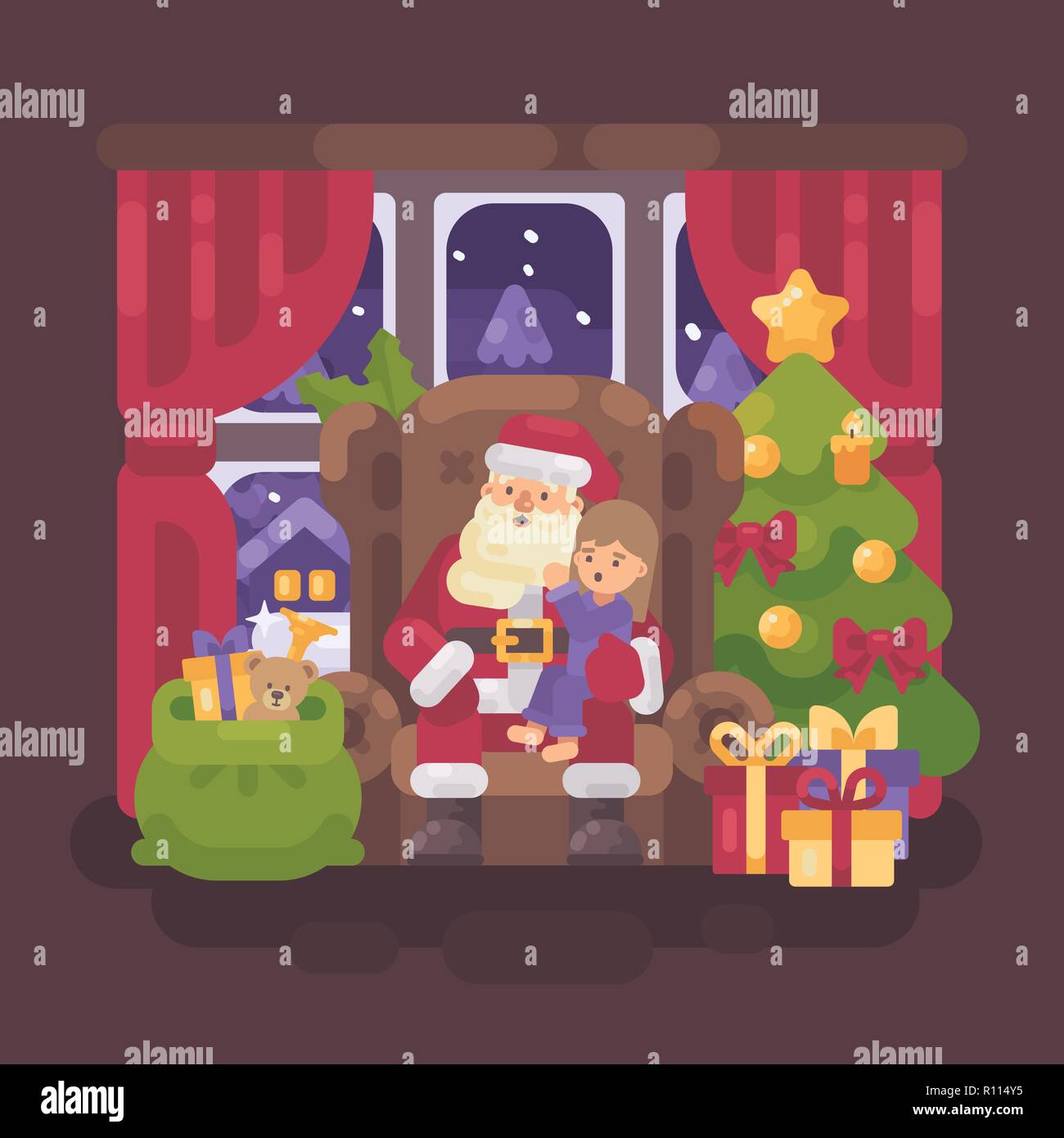 Babbo Natale seduto in una sedia in una camera accogliente con una piccola ragazza nel suo giro sussurra nel suo orecchio. Carattere di Natale biglietto di auguri illustrati piatta Illustrazione Vettoriale