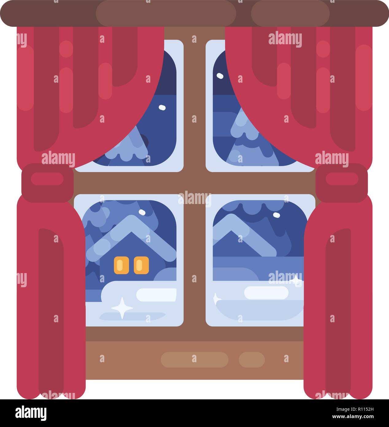 Finestra di inverno con tende rosse illustrazione piana. Natale icona  piatta Immagine e Vettoriale - Alamy
