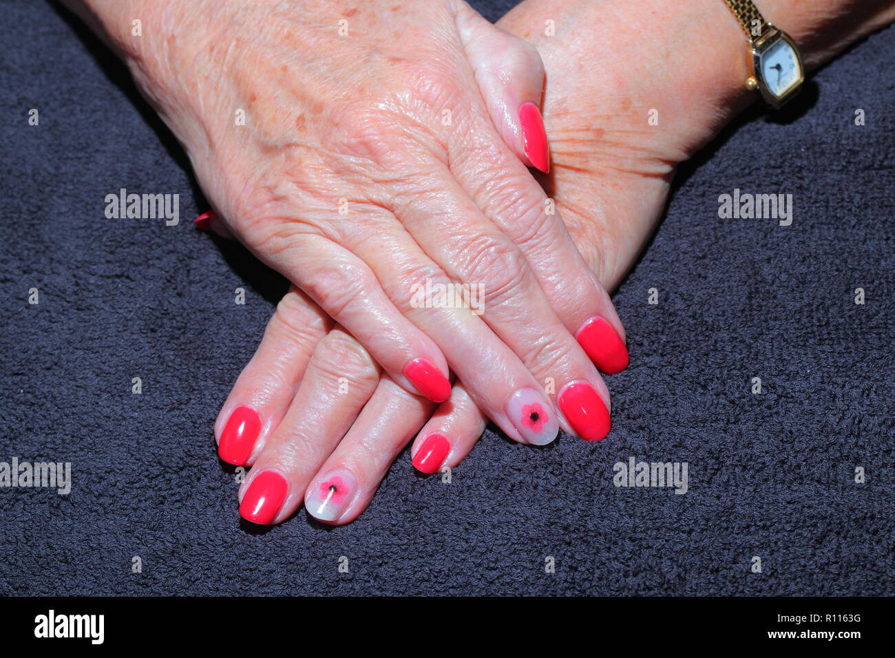 Dipinto di unghie con un ricordo di papavero applicato. Foto Stock