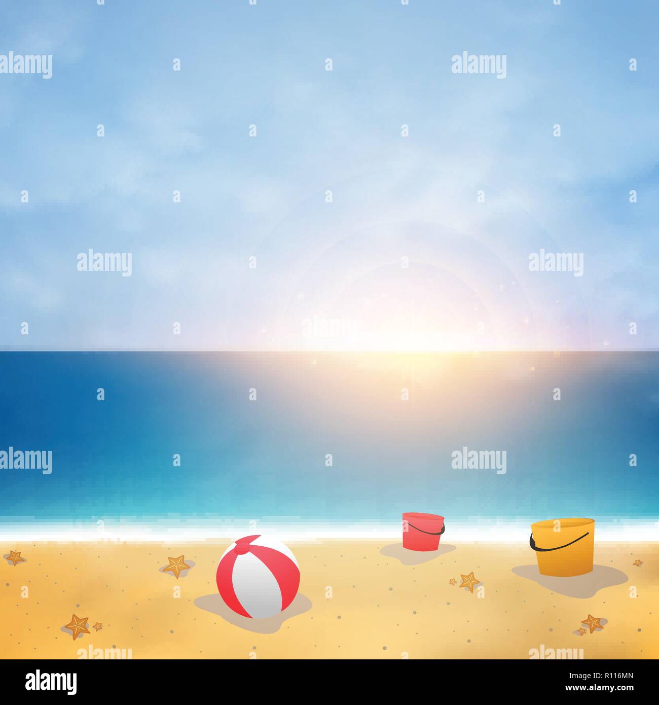 Estate sfondo su blue sky beach con burst soleggiato, vettoriale EPS10 Illustrazione Vettoriale