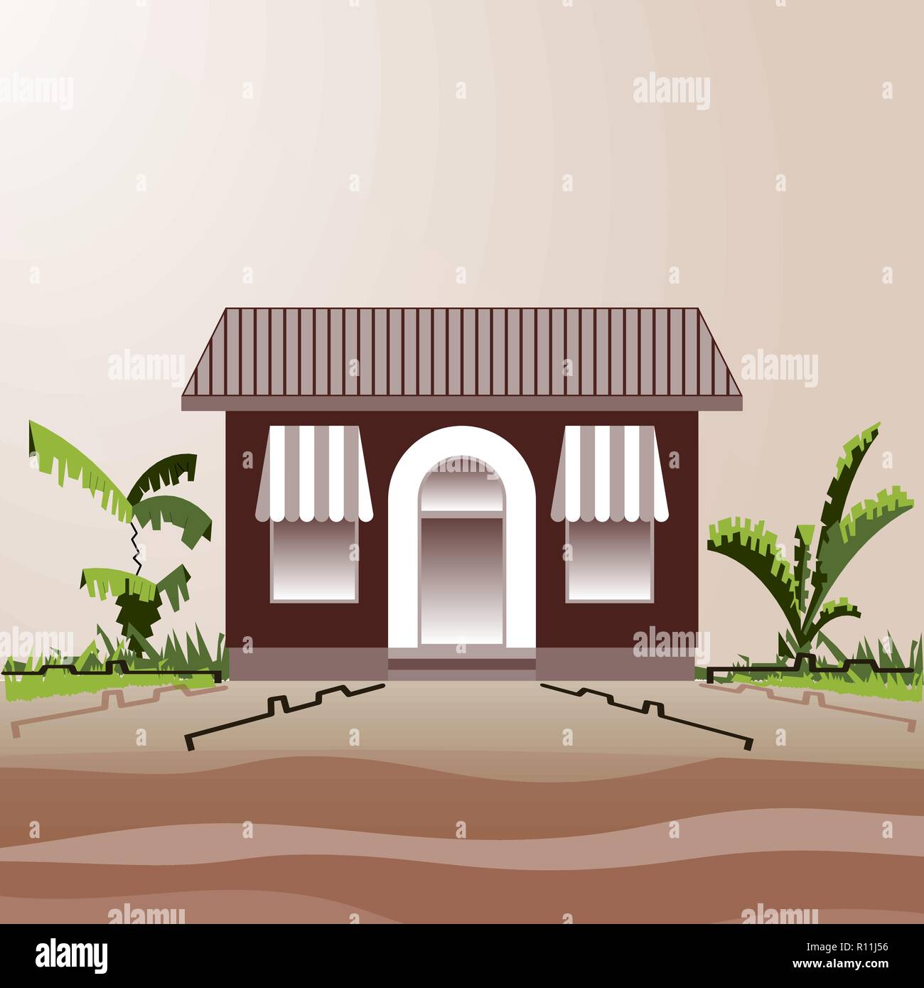 Un edificio. Negozio di paese o cafe accanto alla strada e cespugli. Casa colorati e paesaggio di campagna. Vettore di tipo piatto. Alla moda il concetto di simbolo Illustrazione Vettoriale