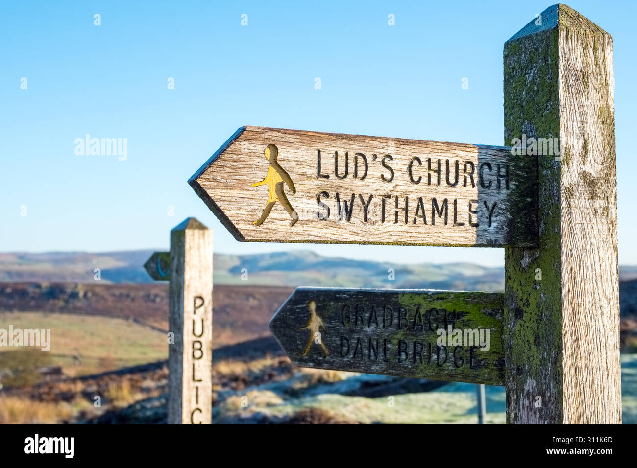 Puntamento Fingerpost di Lud la Chiesa a Gradbach, Staffordshire Moorlands, Parco Nazionale di Peak District,UK Foto Stock