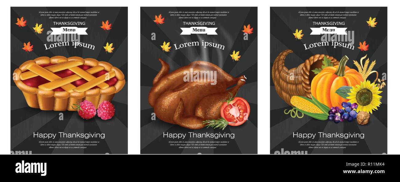 Felice ringraziamento turchia, torta di modelli di menu vettore. 3d dettagliata illustrazione di cibo Illustrazione Vettoriale