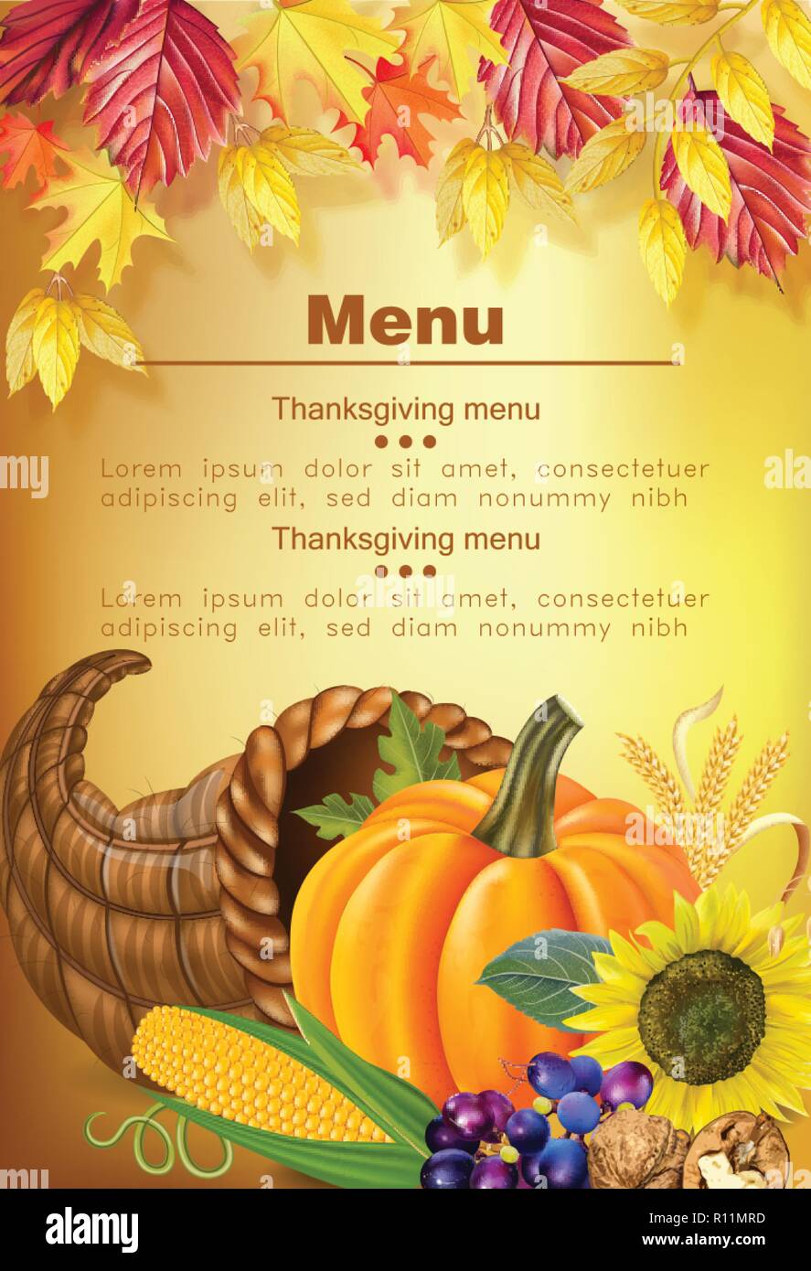 Felice ringraziamento vettore menu realistiche. La zucca e semi di girasole. Autumn Fall 3d dettagliata illustrazione dei simboli Illustrazione Vettoriale