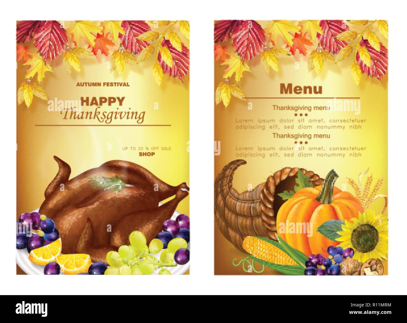 Felice ringraziamento Tagliandi menu realistica del vettore. La Turchia, zucca e frutti. Autumn Fall 3d dettagliata illustrazione dei simboli Illustrazione Vettoriale