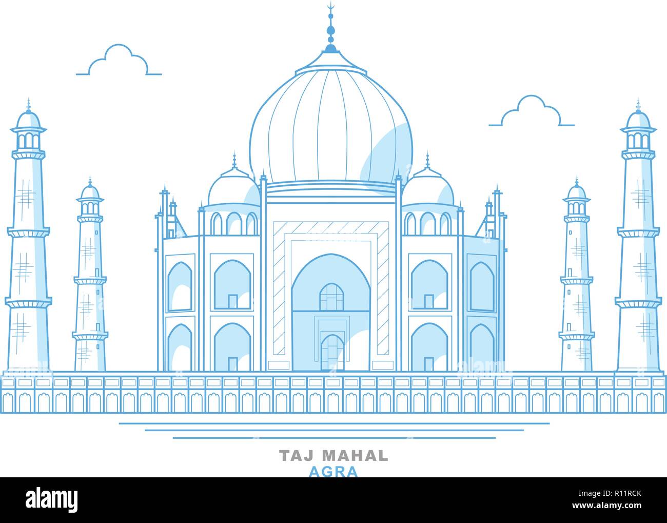 Disegno del Taj Mahal, stilizzata, blu, mausoleo nella città di Agra, India. Gioiello di arte musulmana in India Illustrazione Vettoriale