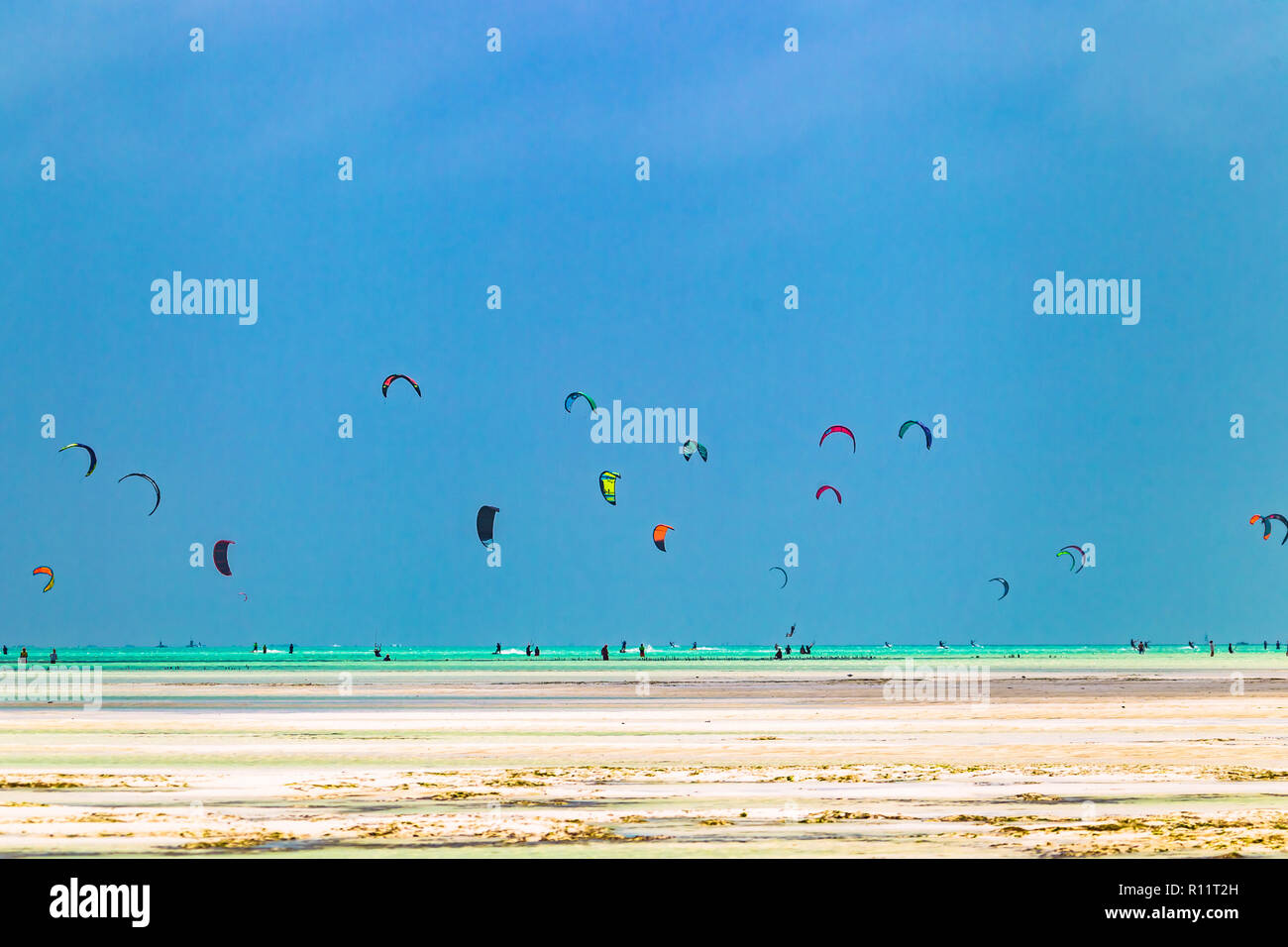 Kiteboarding vicino al villaggio di Jambiani. Zanzibar è uno dei luoghi migliori per il kitesurf vacanze. Calda acqua poco profonda e costante vento. Foto Stock