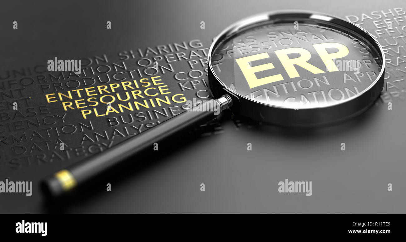 3D illustrazione di una lente di ingrandimento su sfondo nero e concentrarsi sul golden acronimo ERP. Enterprise Resource Planning Concept Foto Stock