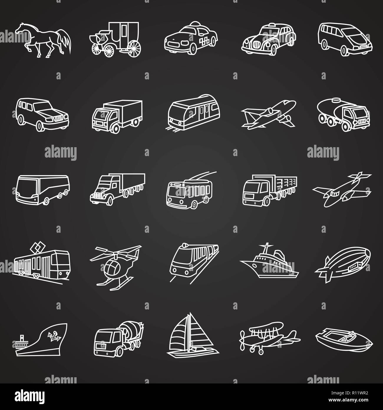 Trasporto e veicoli di una linea sottile su sfondo nero Illustrazione Vettoriale