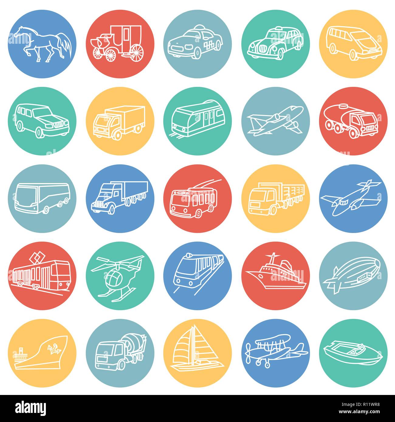 Trasporto e veicoli di una linea sottile su cerchi di colore sfondo Illustrazione Vettoriale