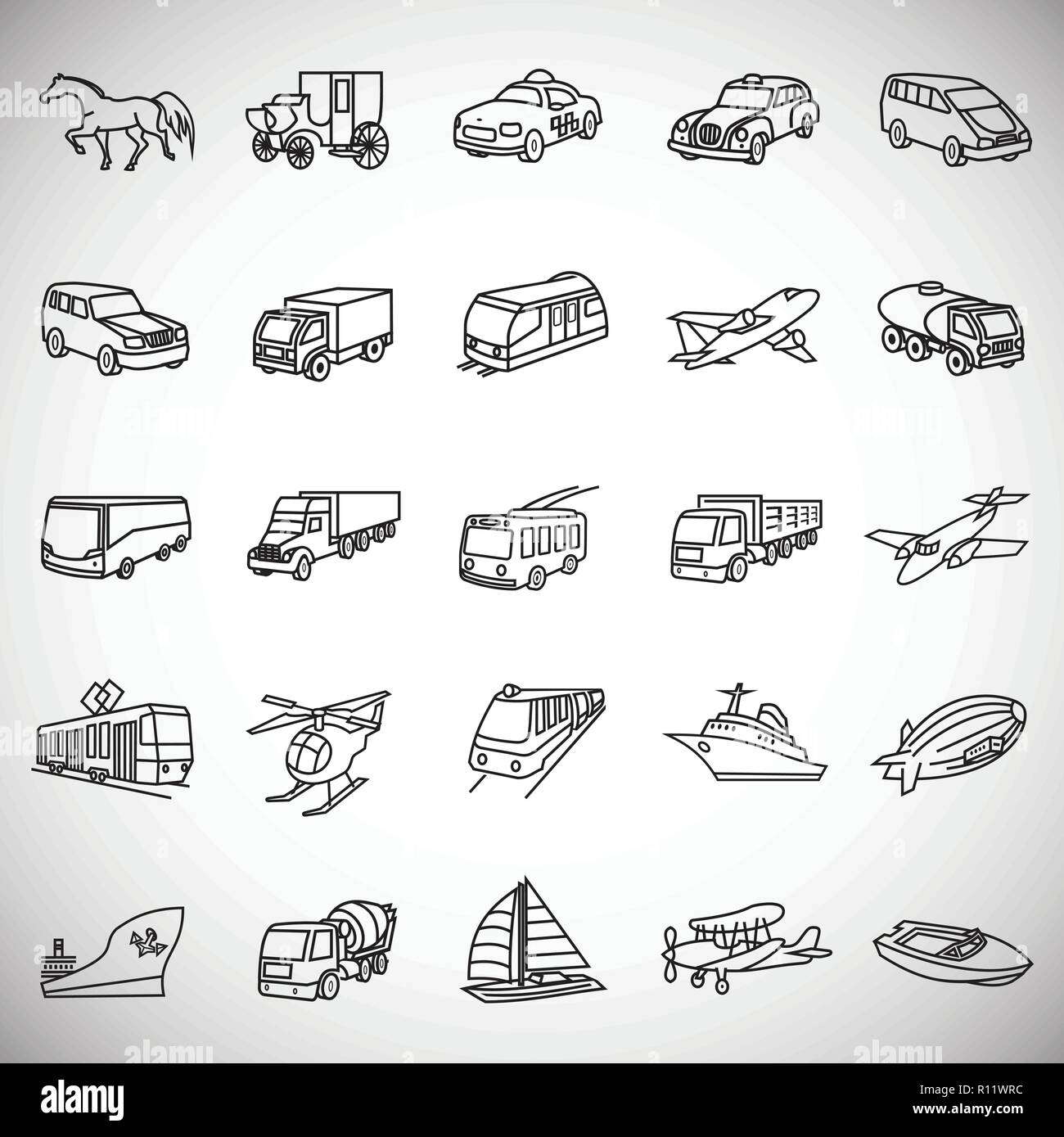 Trasporto e veicoli di una linea sottile su sfondo bianco Illustrazione Vettoriale