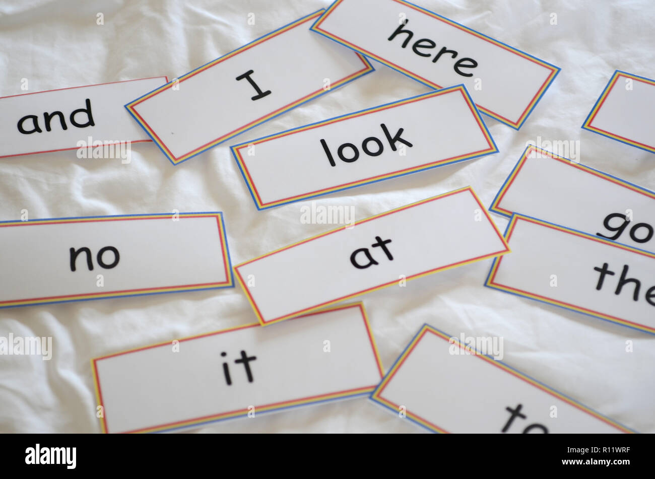 Le schede flash con le prime parole per la lettura Foto Stock