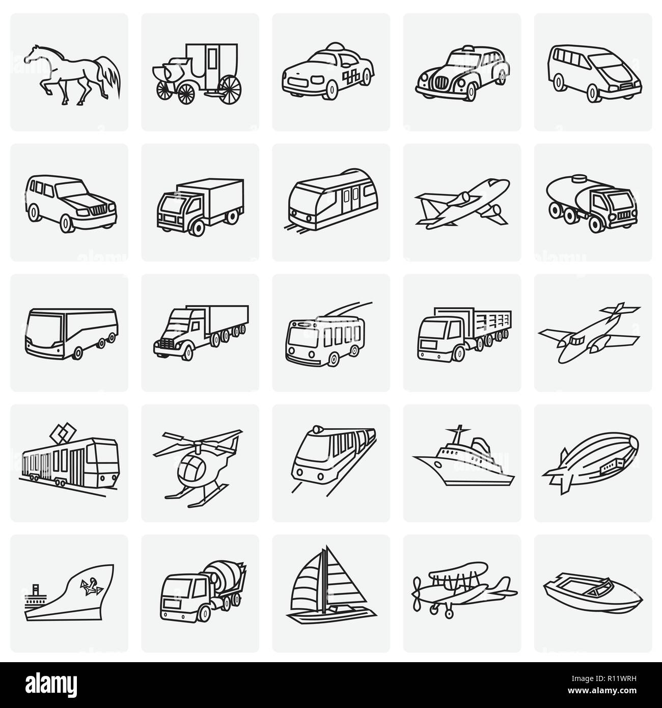 Trasporto e veicoli di una linea sottile su piazze sfondo Illustrazione Vettoriale