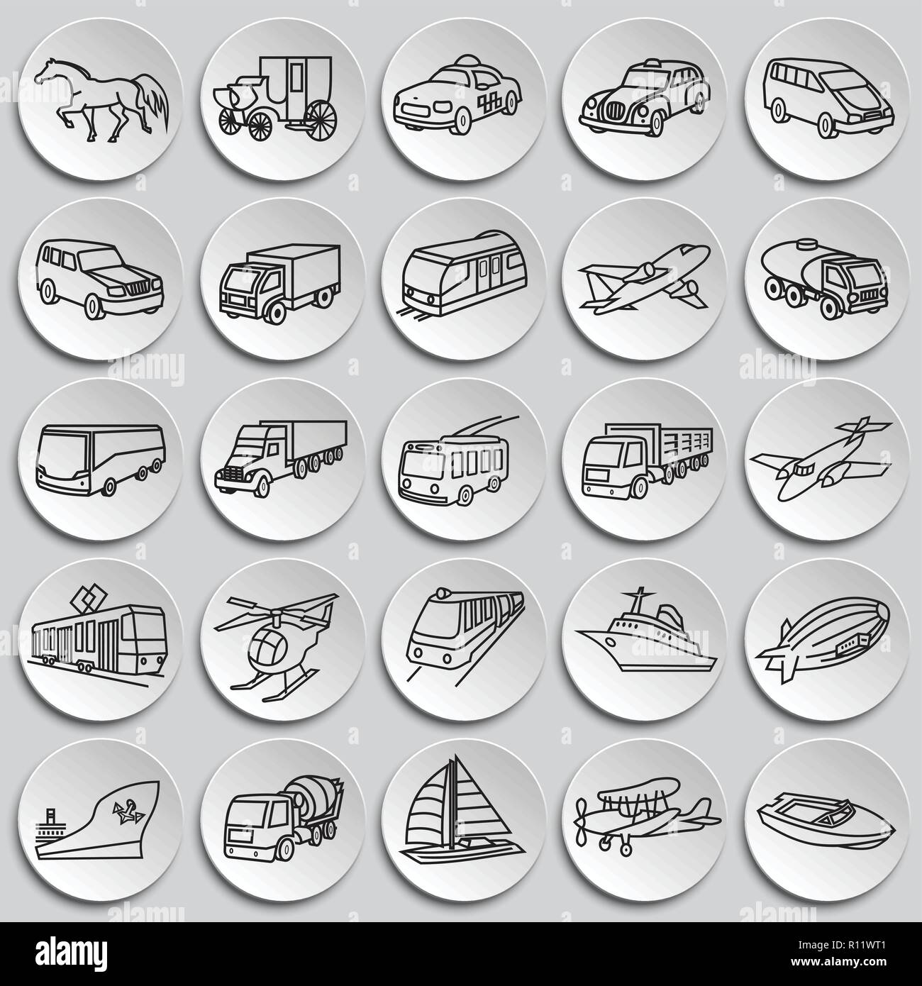 Trasporto e veicoli di una linea sottile su piastre sfondo Illustrazione Vettoriale