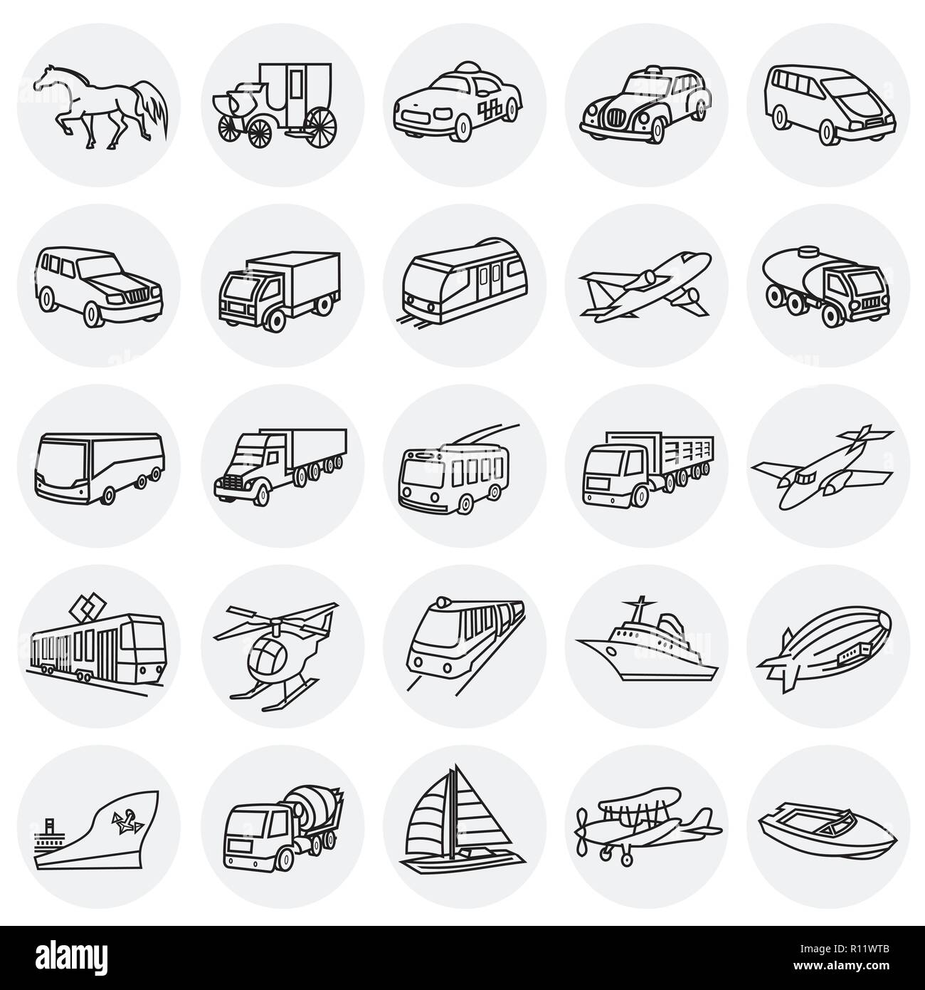 Trasporto e veicoli di una linea sottile su sfondo cerchi Illustrazione Vettoriale