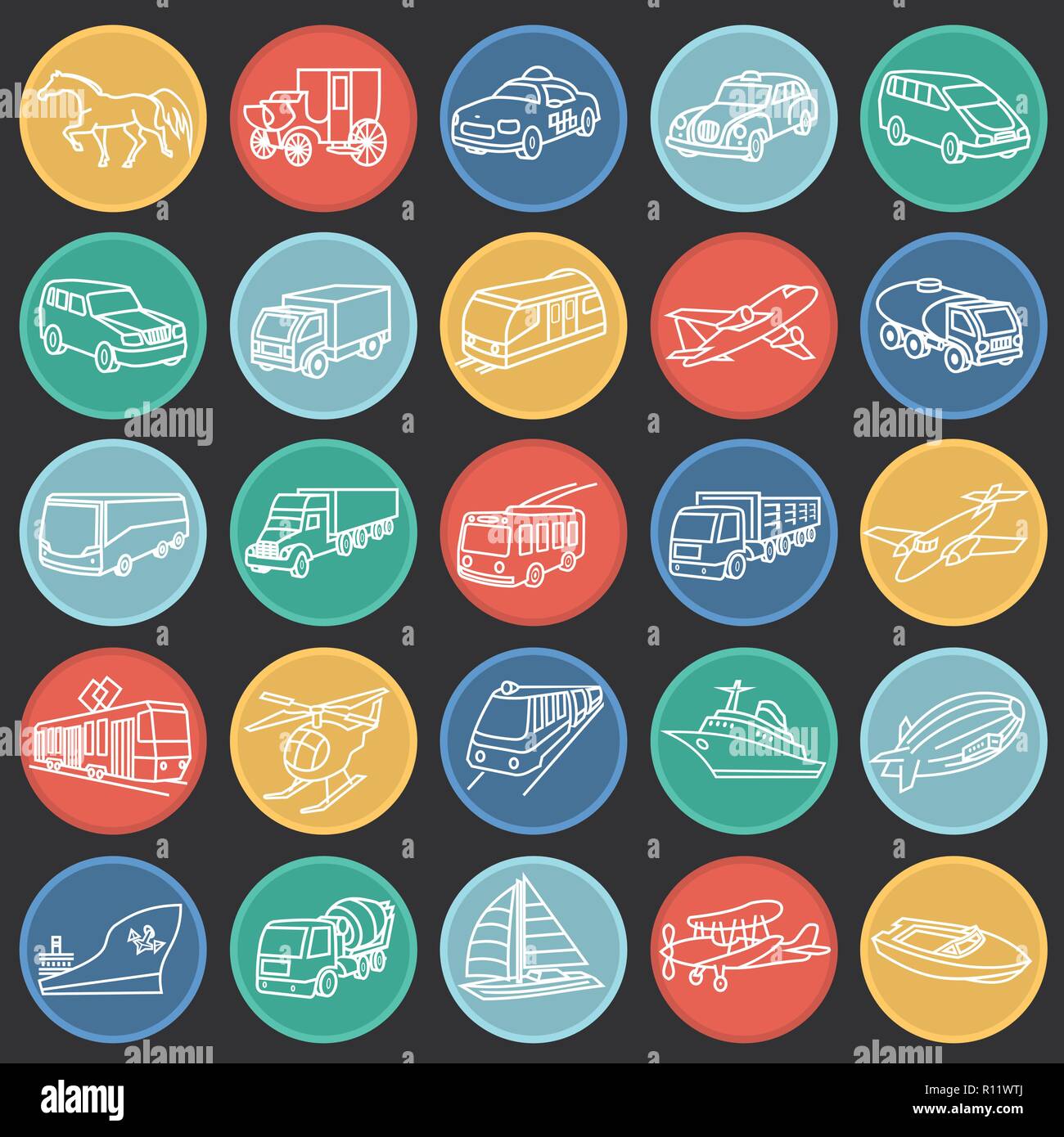 Trasporto e veicoli di una linea sottile su cerchi di colore sfondo nero Illustrazione Vettoriale