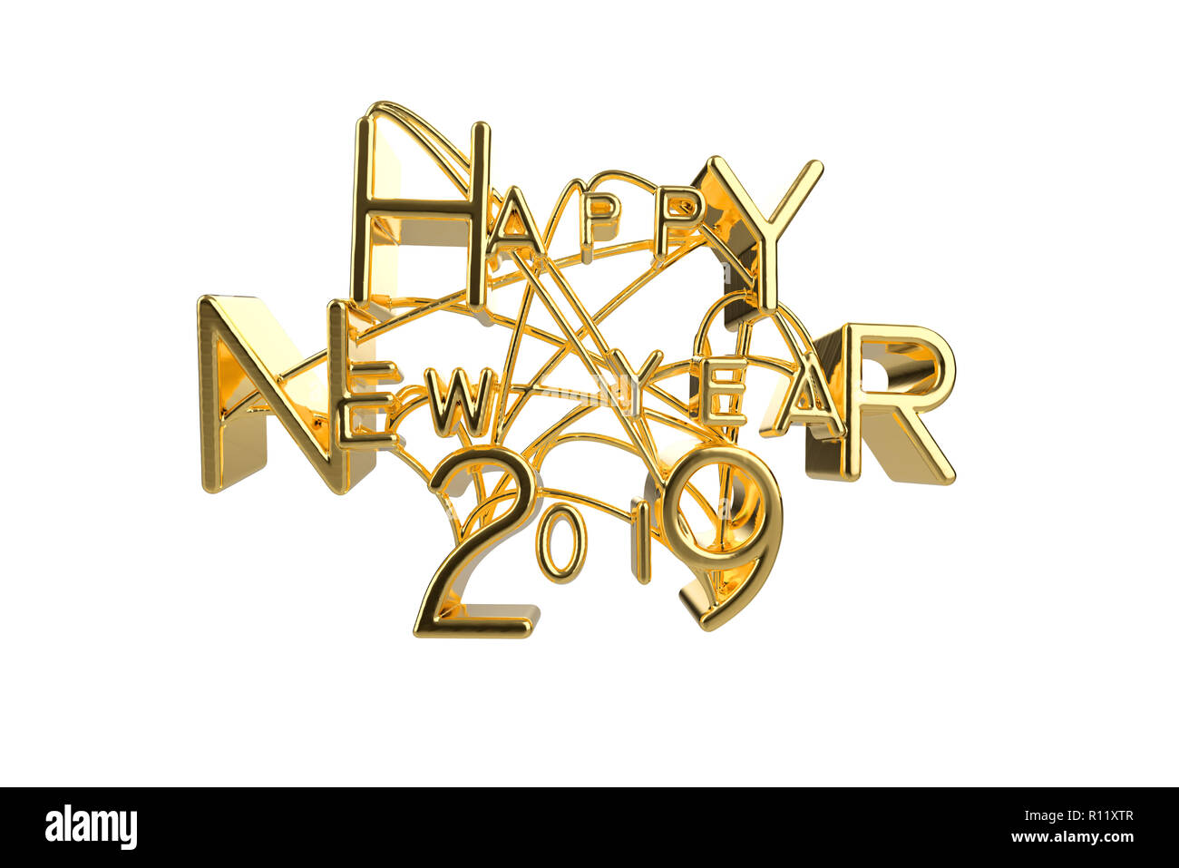 Felice Anno Nuovo 2019 Natale elegante golden lettering parola con lettere legato da stringhe isolati su sfondo bianco. Vacanza 3D illustrazione Foto Stock