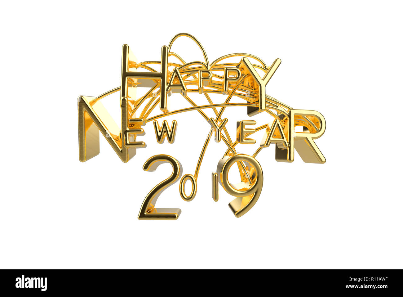 Felice Anno Nuovo 2019 Natale elegante golden lettering parola con lettere legato da stringhe isolati su sfondo bianco. Vacanza 3D illustrazione Foto Stock