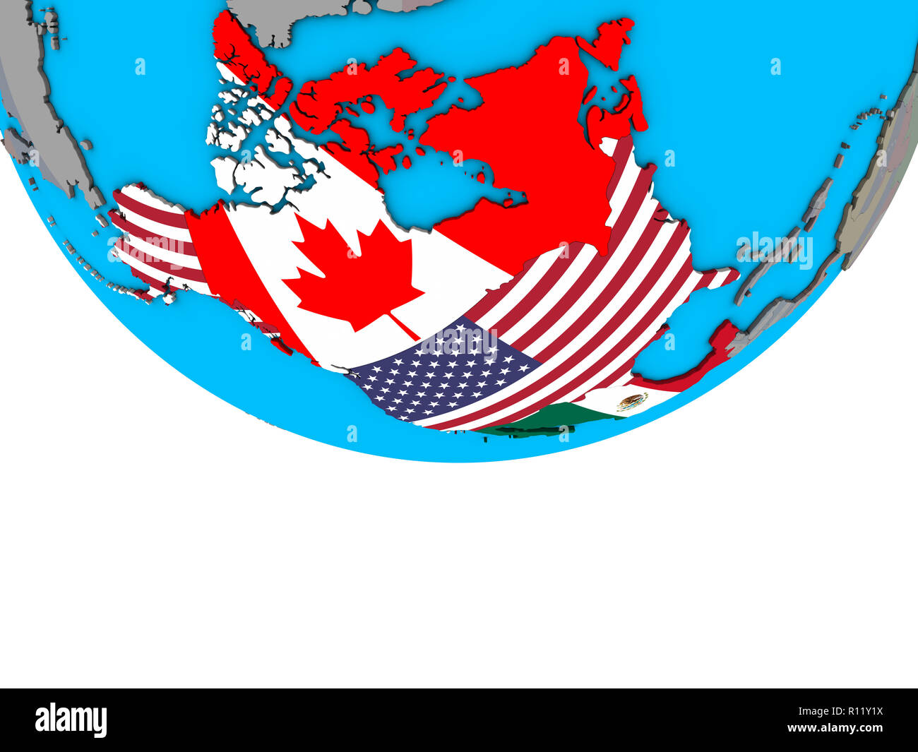 Il NAFTA memeber membri con embedded bandiere nazionali sulla politica semplice globo 3D. 3D'illustrazione. Foto Stock