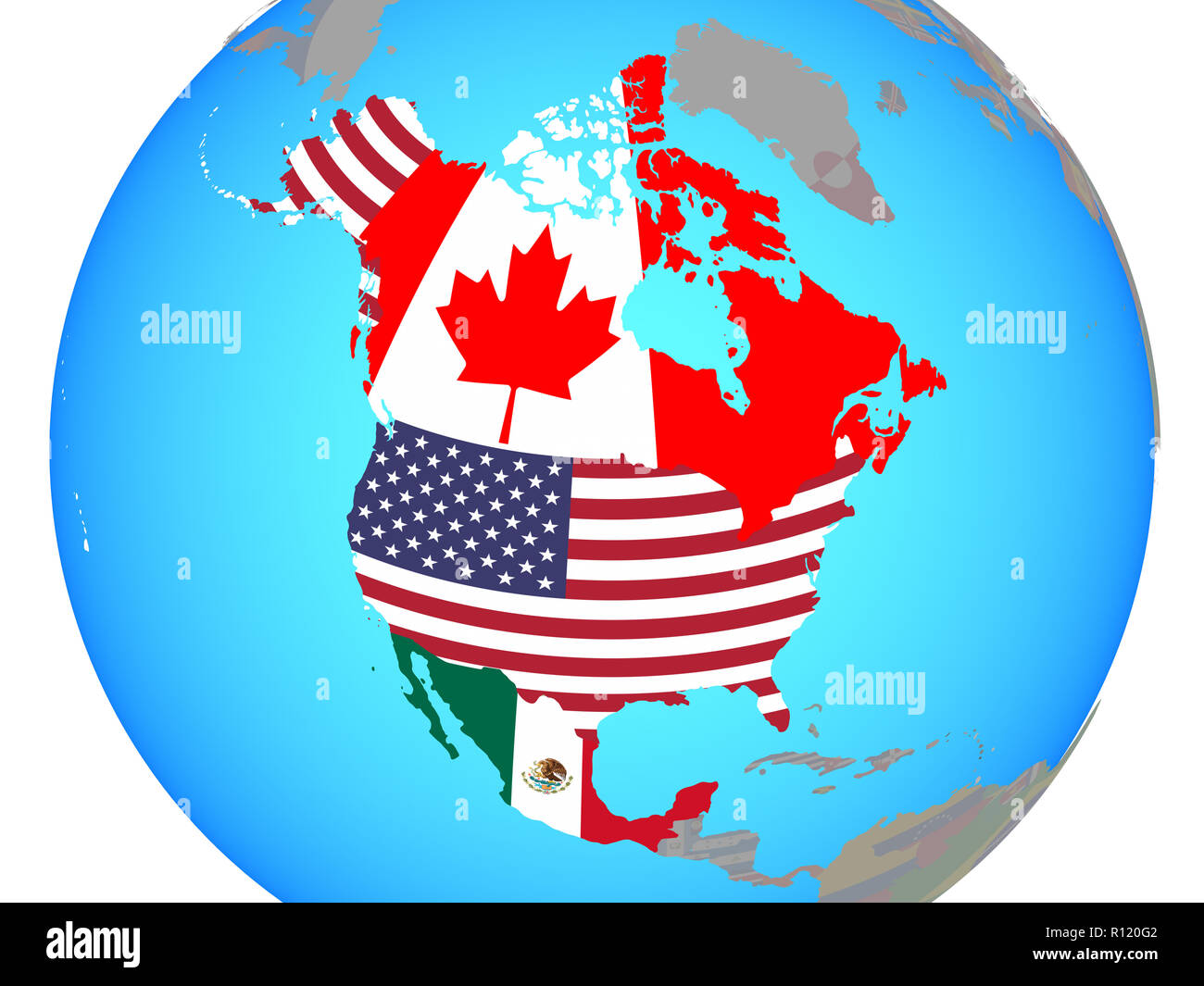 Il NAFTA memeber membri con bandiere nazionali sul blu globo politico. 3D'illustrazione. Foto Stock