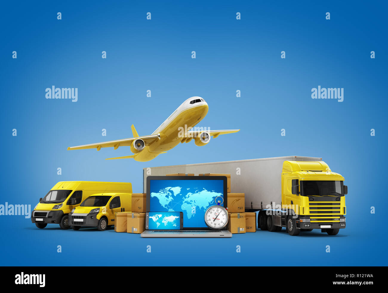 Concetto di fast consegne internazionali dei diversi modi di trasporto in prossimità delle scatole e laptop 3d'illustrazione su blu Foto Stock