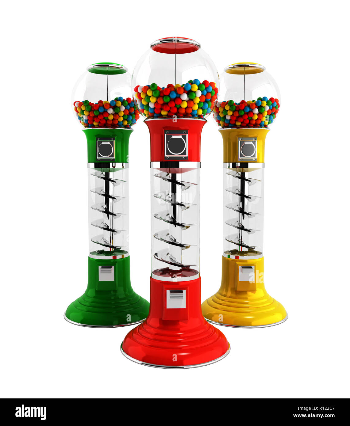 Vintage colorati gumball macchina erogatrice realizzata in vetro e in plastica riflettente con fascione cromato riempito con gumballs multicolore su un 3D render iso Foto Stock