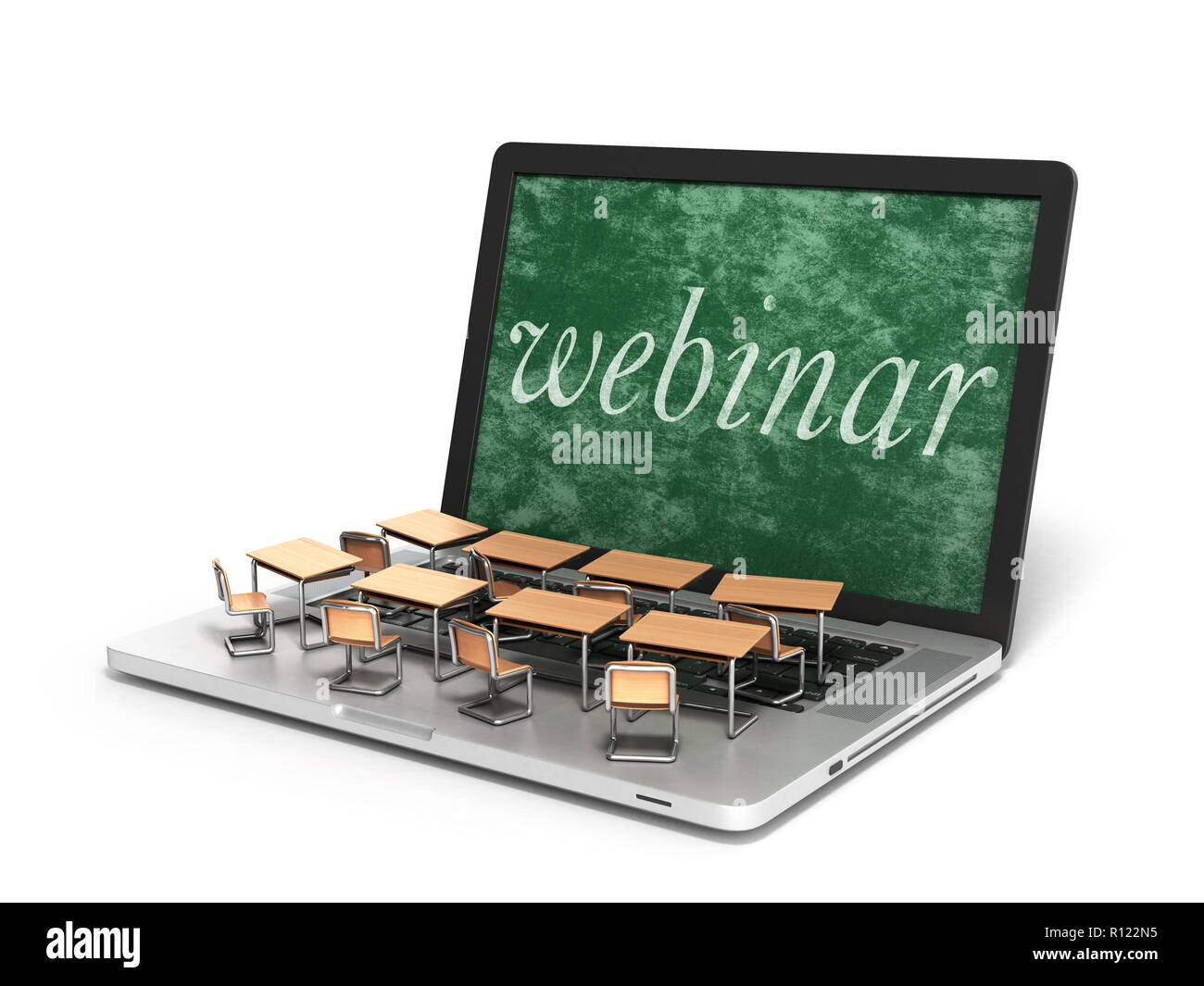 L'E-Learning online il concetto di istruzione i banchi di scuola sulla tastiera portatile 3D render Foto Stock