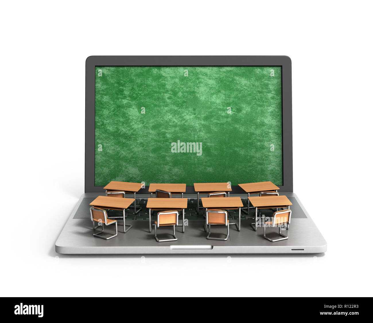 L'E-Learning online il concetto di istruzione i banchi di scuola sulla tastiera portatile 3D rendering su bianco Foto Stock