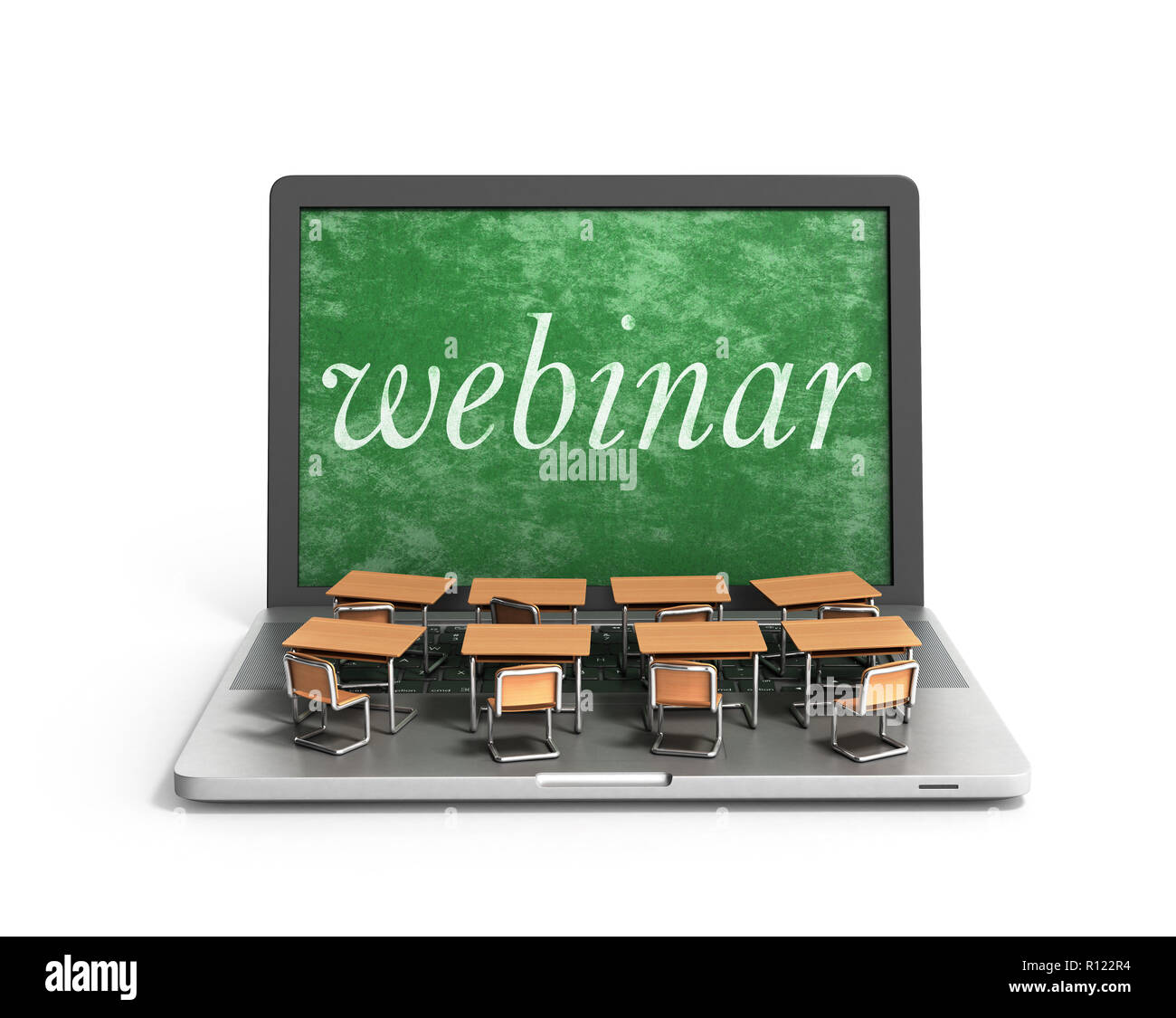 L'E-Learning online il concetto di istruzione i banchi di scuola sulla tastiera portatile 3D render Foto Stock