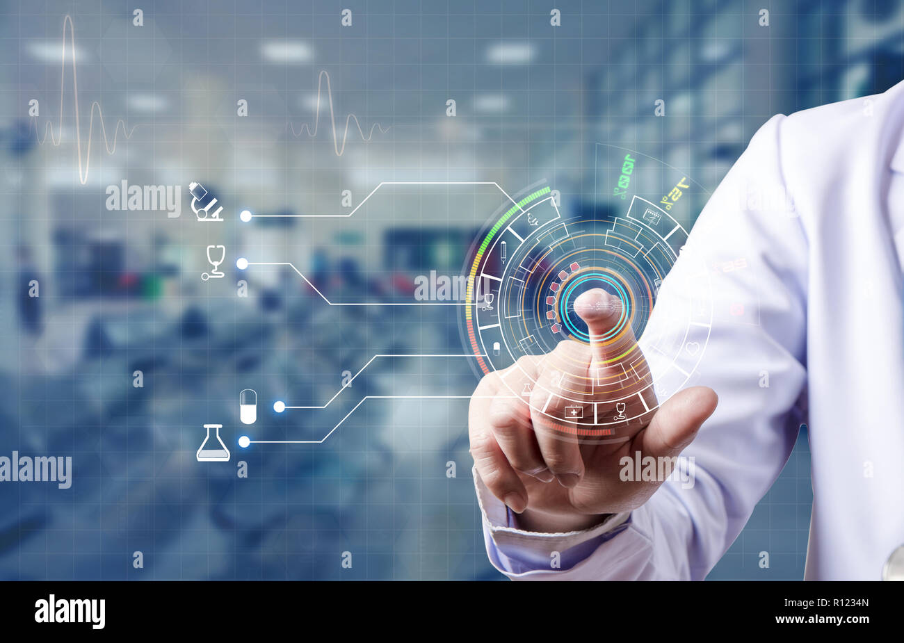 Medico la scansione del dito indice e log in per medici di base dei dati del paziente, futuristico concetto medico Foto Stock