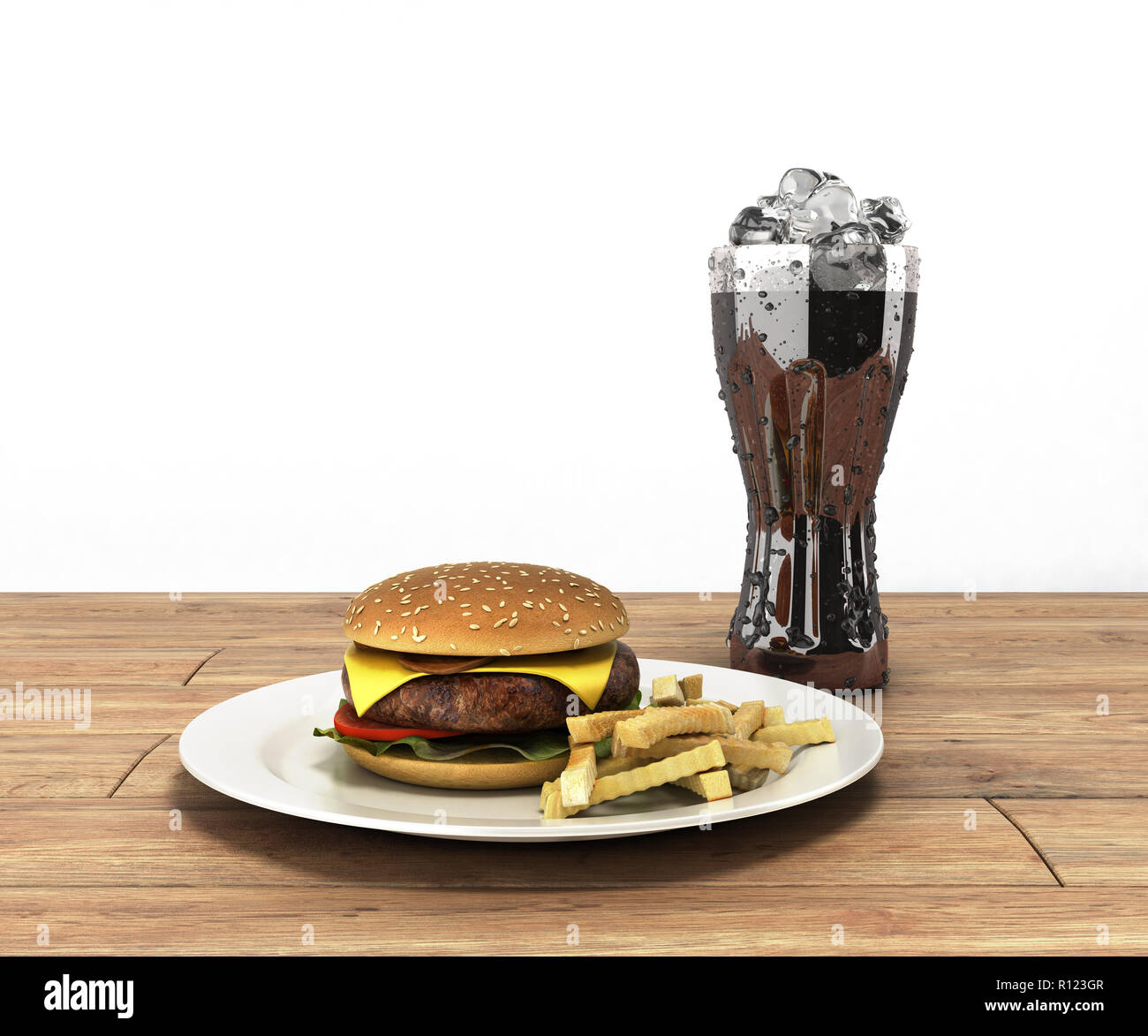 Hamburger e un bicchiere di coca cola con ghiaccio sul colore tavolo in legno spazio libero per il testo 3D rendering su bianco Foto Stock