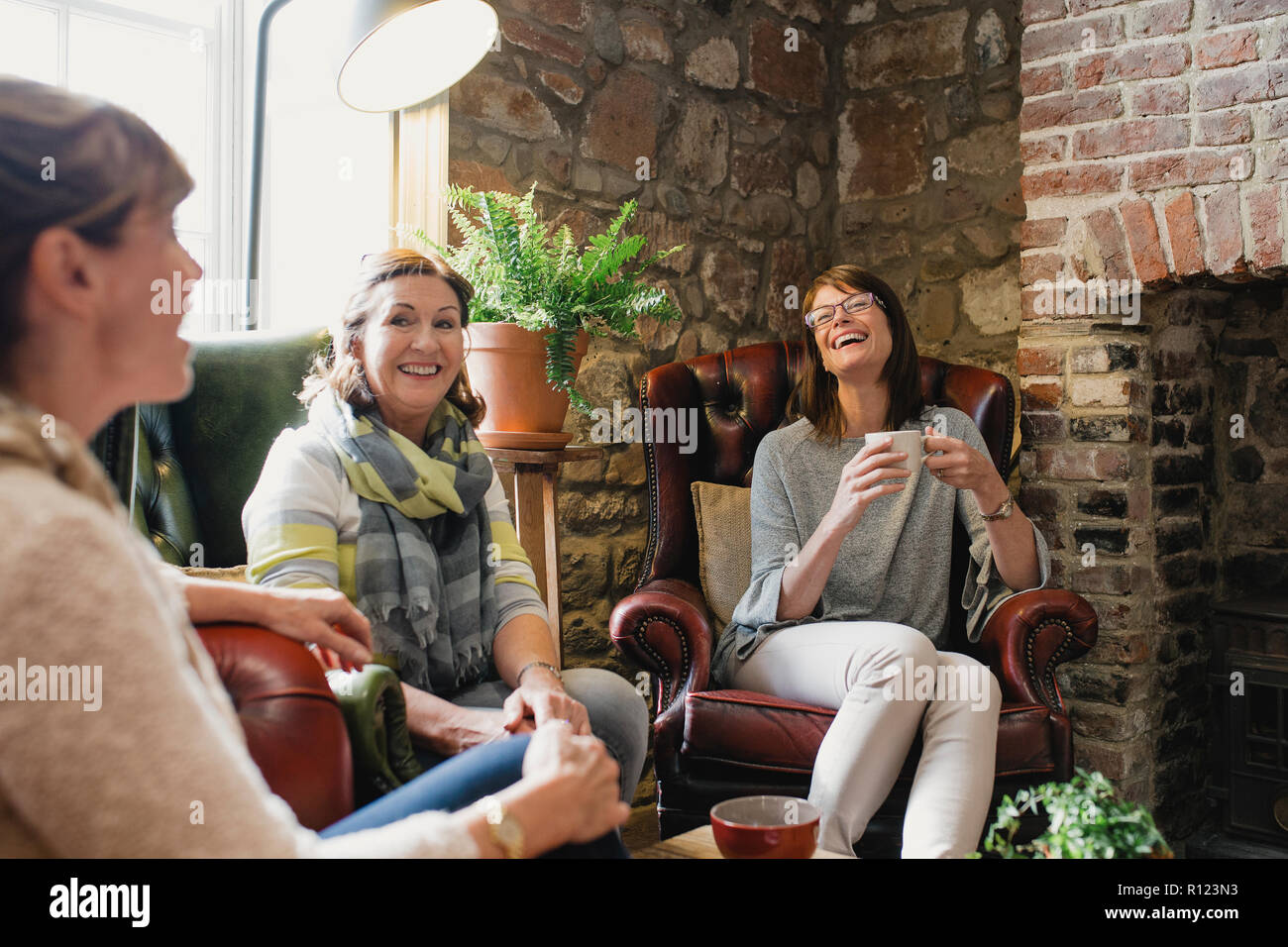 Piccolo gruppo di femmina matura amici seduti in una piccola caffetteria godendo un fermo e un caffè. Foto Stock