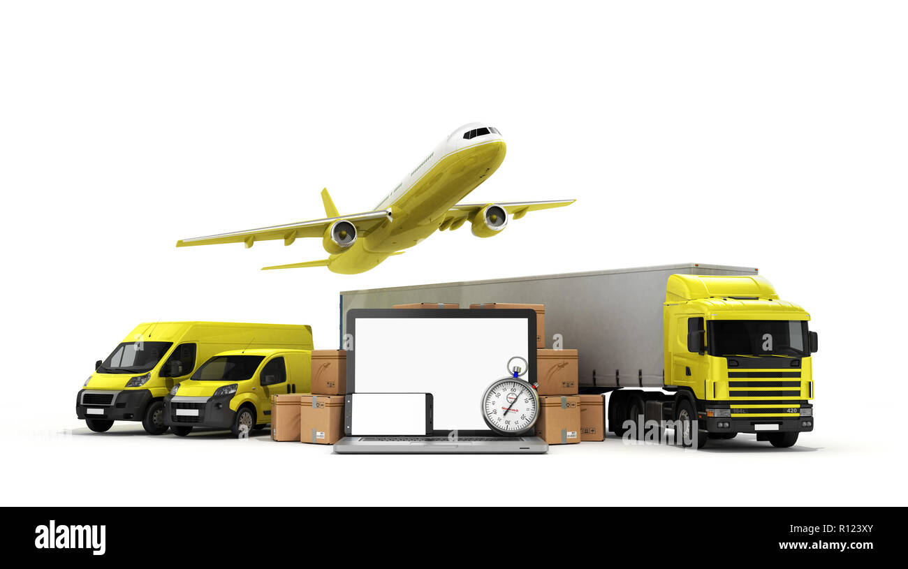 Concetto di fast consegne internazionali dei diversi modi di trasporto in prossimità delle scatole e laptop 3d'illustrazione su blu Foto Stock