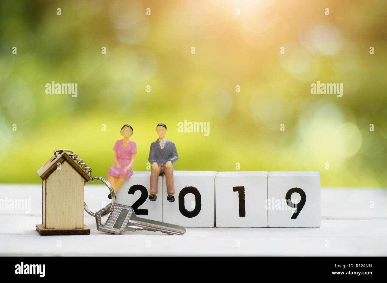 Real estate e home vendita concetto, due business persone sedute a parlare e piallare circa l'acquisto di una casa che cresce in 2019 e l'anno nuovo Foto Stock
